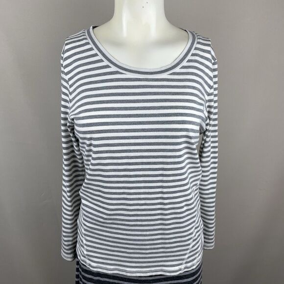 T by TALBOTS Long Sleeve Tee Women's LP Cream & Grey Stripe Basic Preppy Classic - Picture 3 of 16